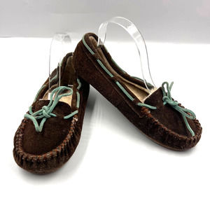 Minnetonka Sheepskin Leather Dark Brown Moccasin House Shoes Lined Women's 8